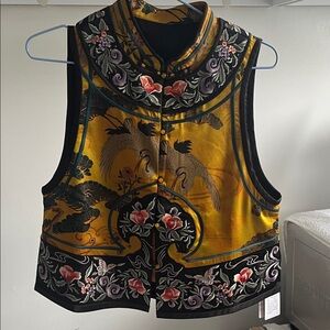 Embroidered Yellow Vest with Floral and Crane Design